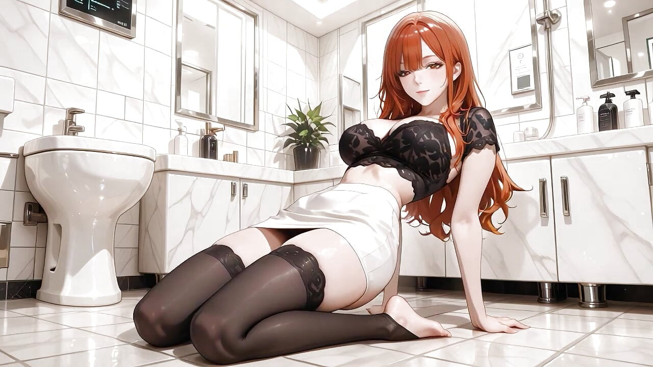Dependência à primeira vista! Beleza de cabelo marrom molhado em lingerie de renda preta cavalga e esguicha no banheiro