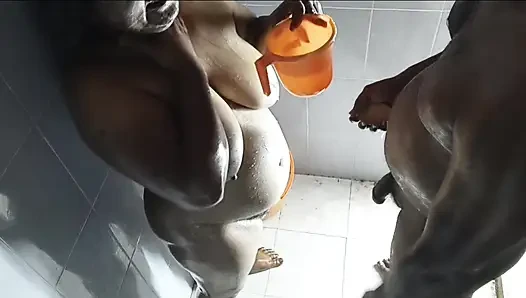 Stepmom taking bath with stepson before going to village