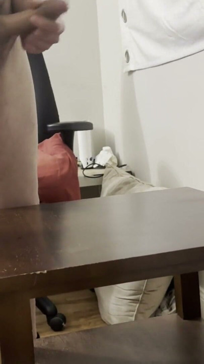 girl throats a big cock then he cums on a table and she rubs her little pussy in it | Clip 1