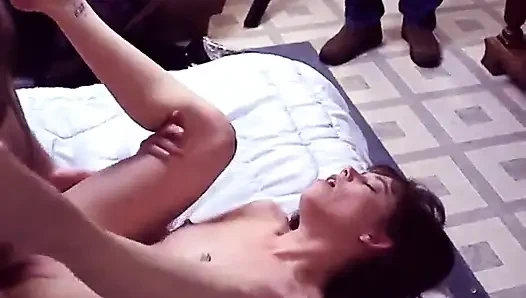 Hairy white dude sticks skinny strumpet as lesbians muff dive on the couch