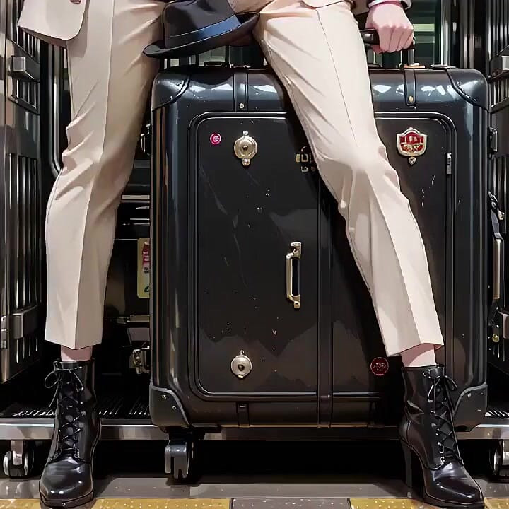 Leaning Against the Vintage Train Door, She Runs Her Hand Down Sheer Stockings While Gazing with a Cold yet Misty Look