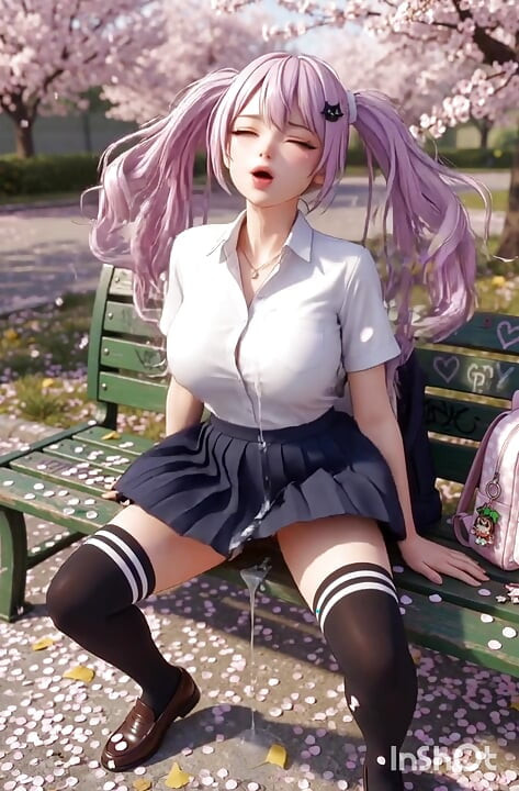 Roze harig hentai schoolmeisje cosplay masturbeert en neukt buitenshuis op een bankje in het park