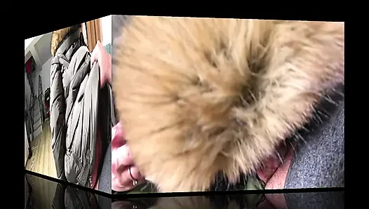 Glossy Fur Hood Downjacket. Deepthroat, Spit Play, Riding and Cum Dripping on My Coat