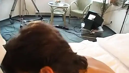 Brunette mature jizzed on tits after sucking old mans dick