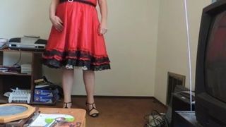 Sissy Ray in Red Taffeta Skirt and gold petticoat