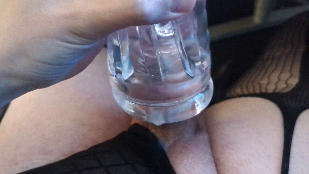 Hard throbbing girl cock playing with clear pussy toy and cumming inside