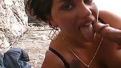 Sexy German ebony getting her huge tits covered with cum outdoors