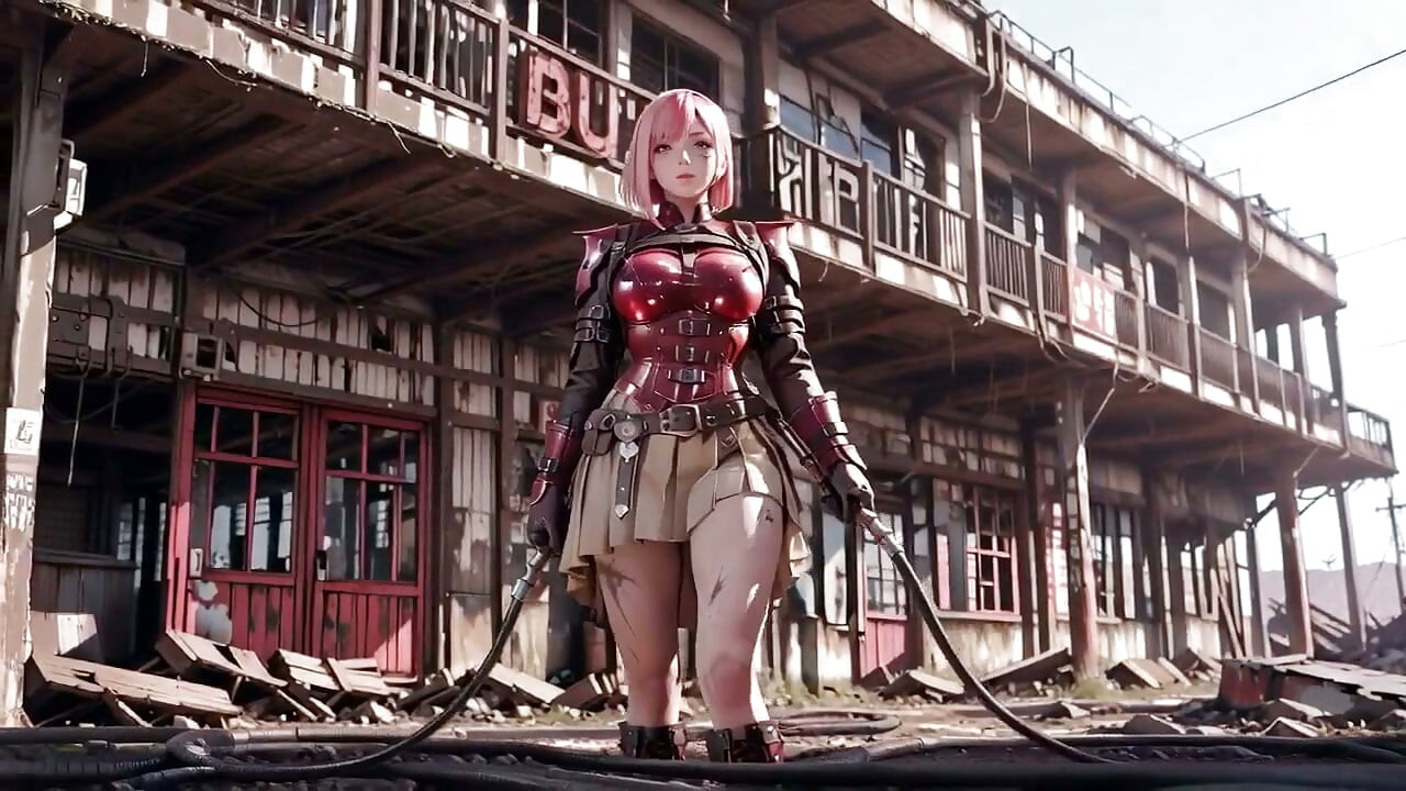 Pembe saçlı mech warrior! Çolak arazi harabelerinde tembel şehvet, saf beyaz arka planlara karşı ıslak yakın çekimler