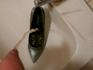 Piss in wifes black and grey stiletto high heel
