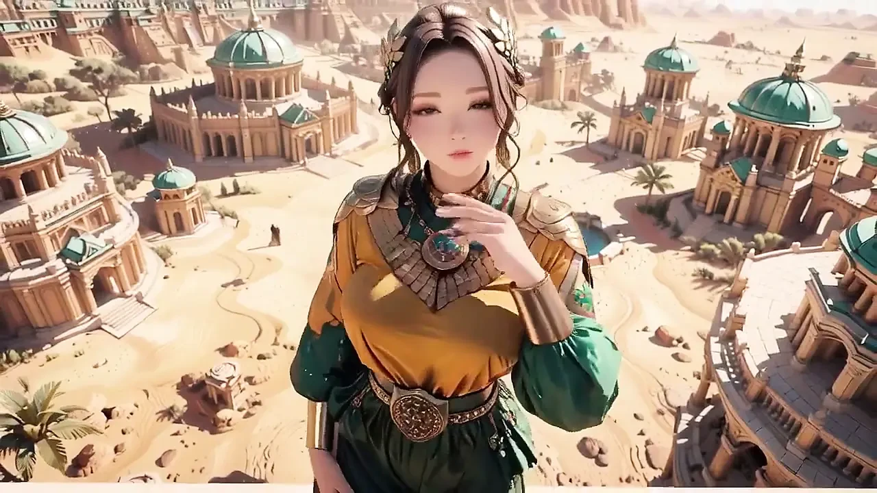 Green Gold Queen Coronation! Lazy Side-lying in the Desert Palace, Fingers Teasing Hair and Veil, Sun-kissed Skin Glistening.