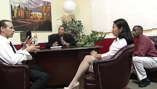 Hairy girl sucks massive cocks then gets fucked on the sofa