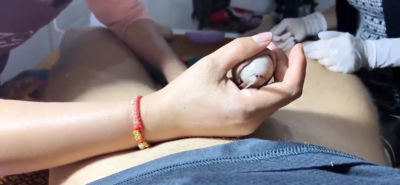 Two curious Beauticians try a Brazilian Wax of a big cock