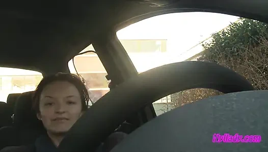 Nyllady's Footjob to Gearshift and Wheel in Patterned Pantyhose