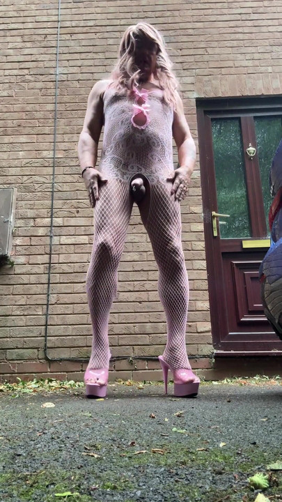 Memorable moment from "Sexy Crossdresser Kellycd2022 quick early morning video in pink fishnet bodysuit and heels"