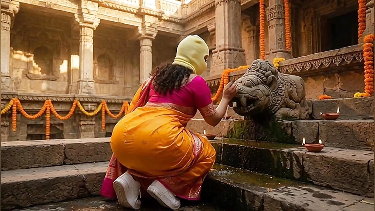 Indian Girl with Massive Ass Touching Ancient Statue