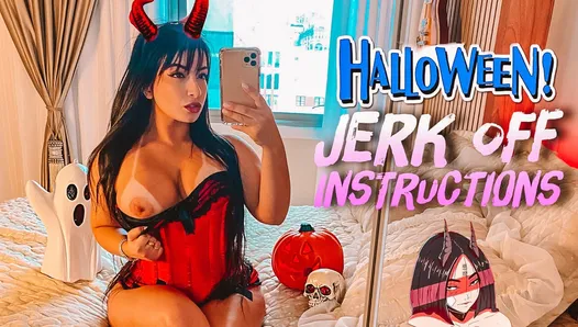 Sexy little devil COSPLAY JOI Jerk Off Instructions wearing a strap on CUM ON HER FEET