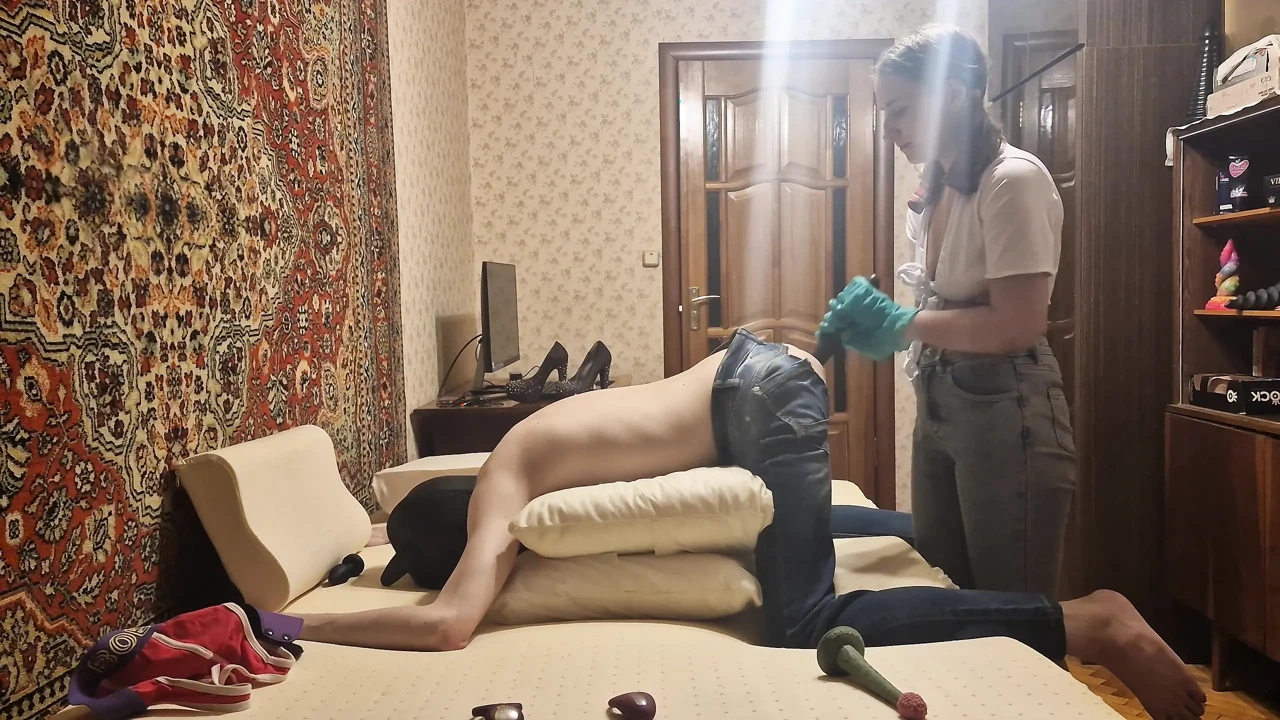 Russian beautiful girl fucking a slave with long big anal dildo submission man amateur homemade Sasha Earth