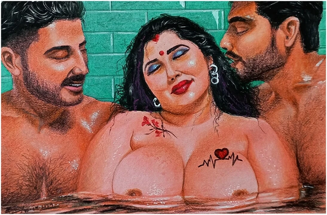Seni erotik atau lukisan wanita India seksi berkongkek beruap dengan dua abang iparnya