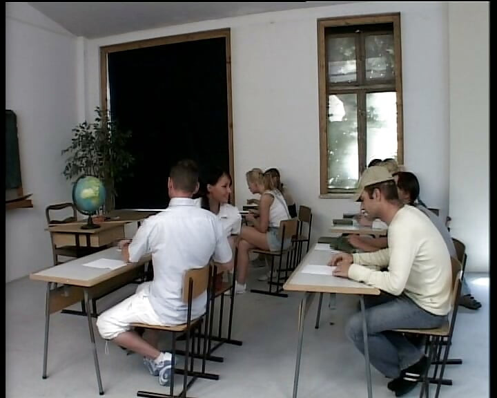 Tiny German teen doll fucked in hard threesome in the classroom
