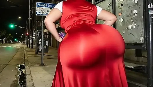 Big Ass Latina in Tight Red Party Dress Waiting for the Bus