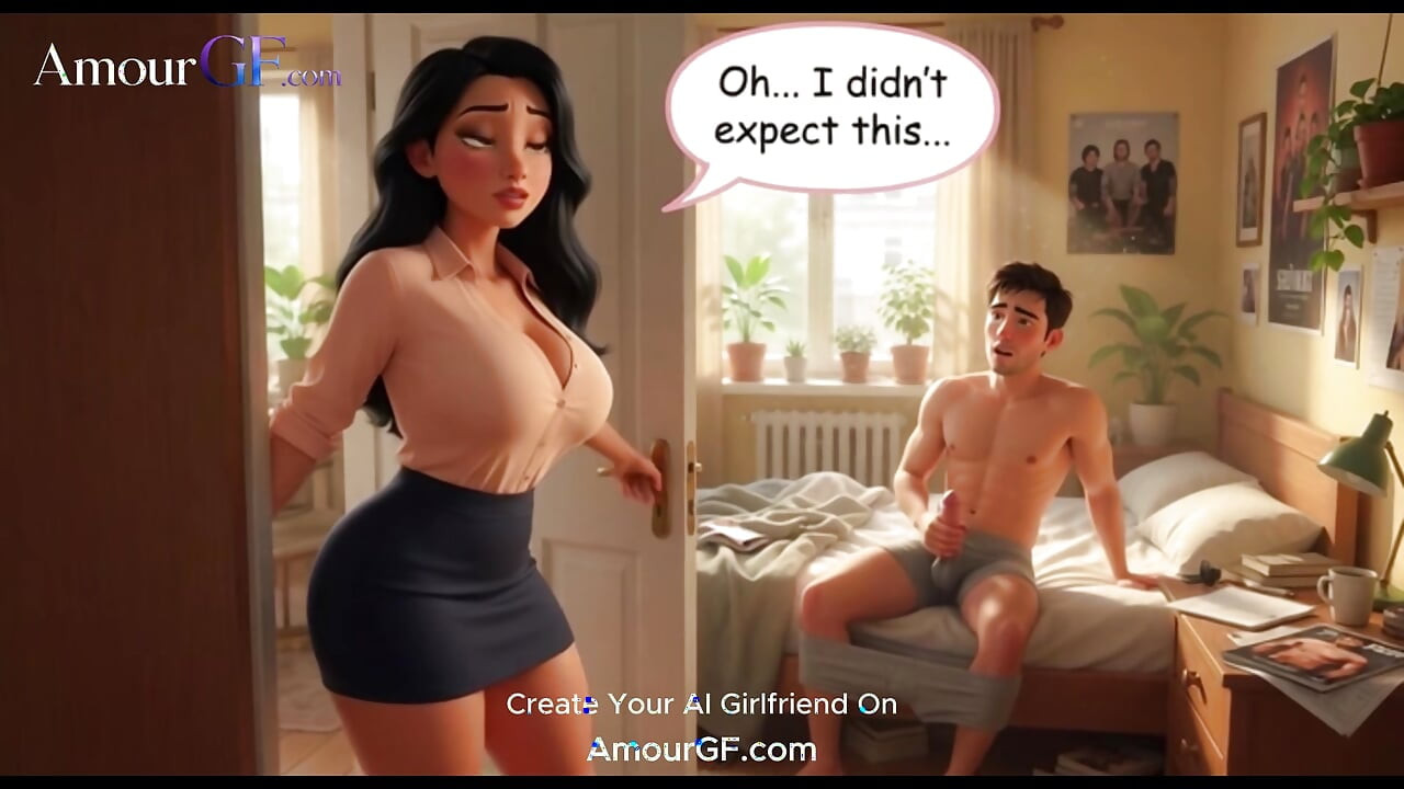 3D AI 成熟曲線女人抓到男人自慰，加入做愛