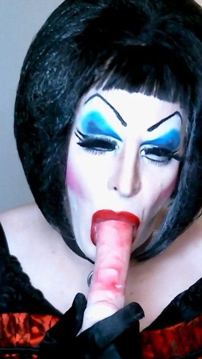 Sissy Slut in Heavy Makeup Sucks and Deep Throats Dildo on Cam | Clip 1