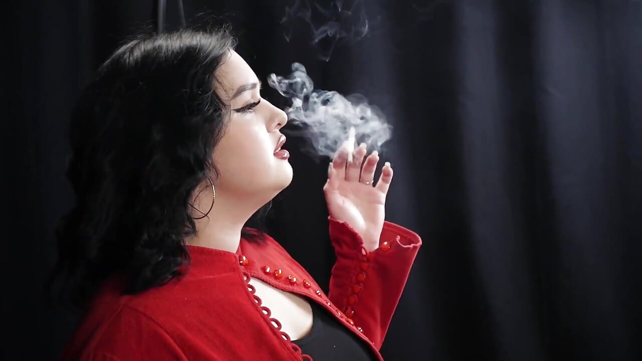 Curvy Brunette Smoking in Red Cardigan