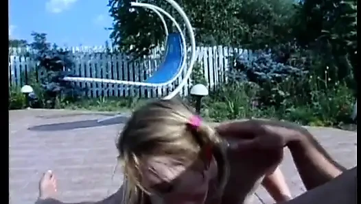 Sexy slut gives bj by the pool and takes facial cumshot on lawn chair
