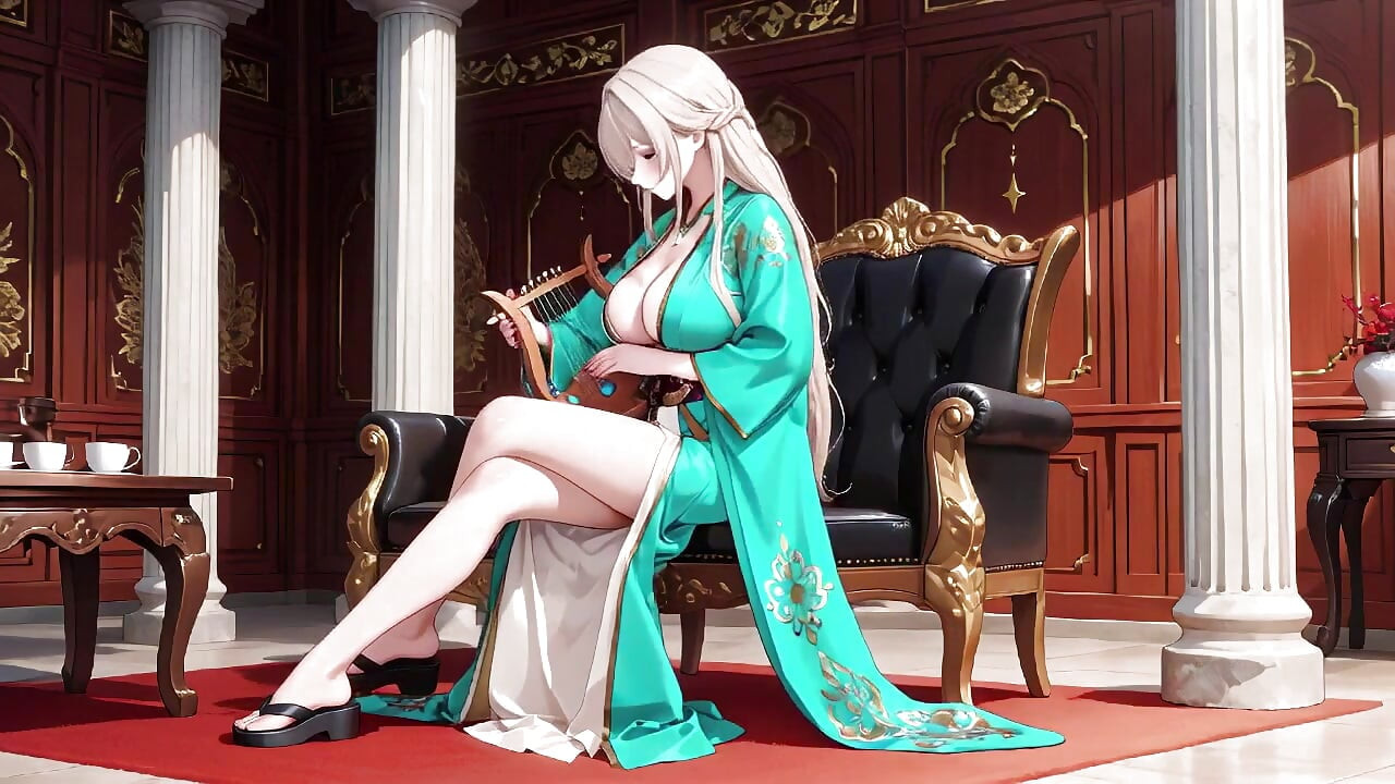 Rubia en un Kimono verde! Lectura perezosa en la terraza, ¡el diseño de los hombros es demasiado pecaminoso!