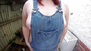 Wife in wellingtons and dungarees in the yard