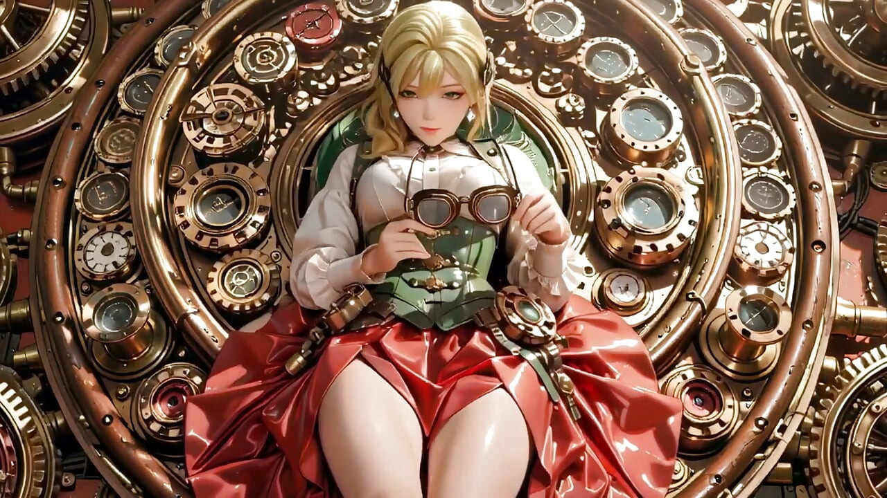 Secretaria rubia steampunk! Poses perezosas en medio de engranajes gigantes