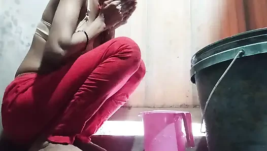 Desi bhabhi Nude bathing for her lover showing hairy black pussy and skinny ass.