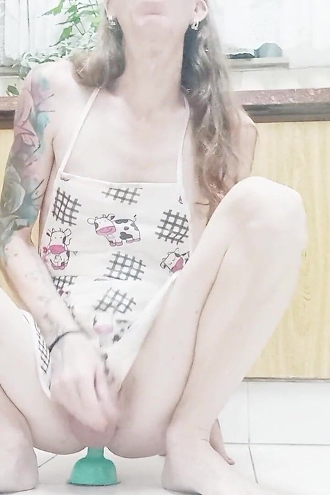 Trans Housewife Masturbating and Cumming in the Kitchen