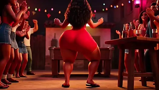 Büyük götlü ateşli ince favelada pagode'da çılgınca dans ediyor masada soyunuyor ve sonra karanlık sokakta işemek için çömeliyor