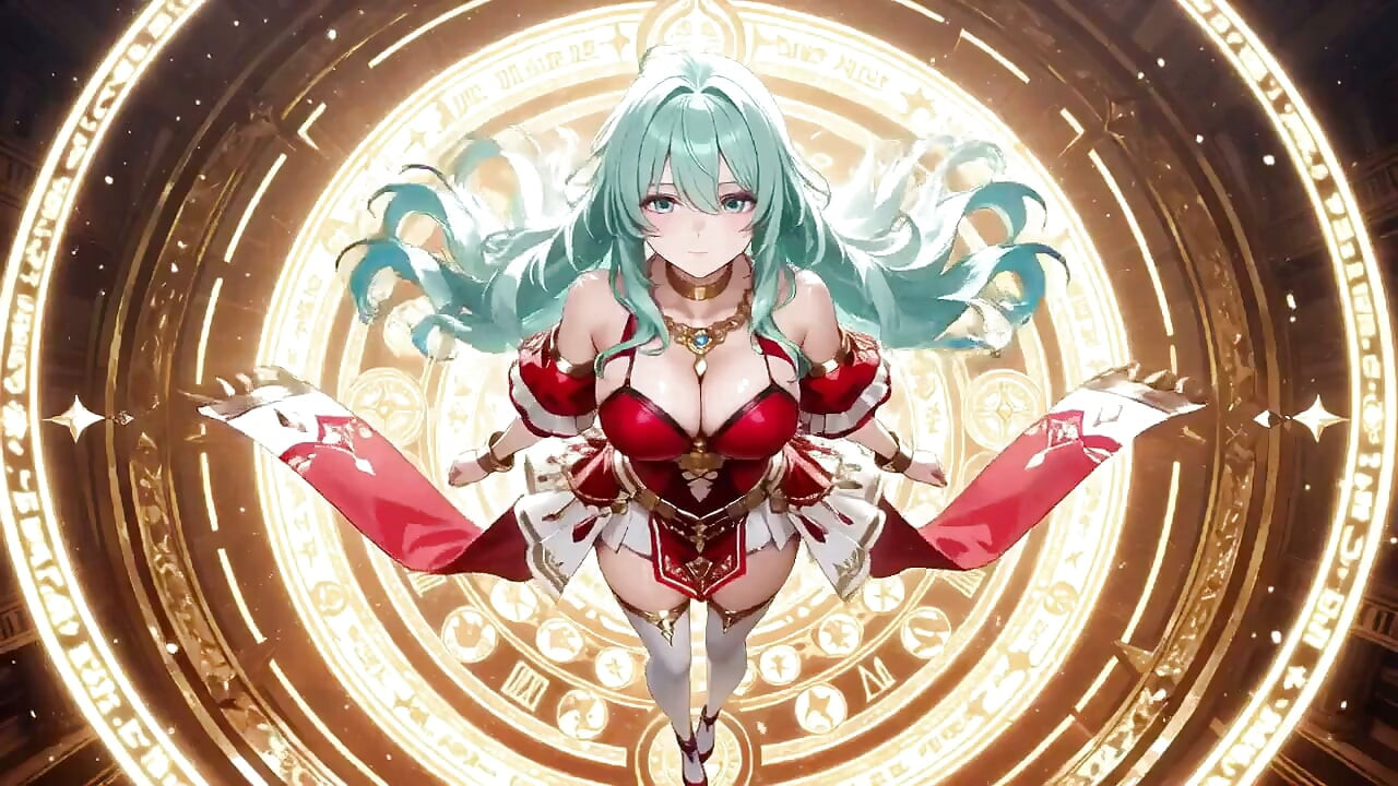 Golden Hall Fantasy! Cavaleiro de cabelos verdes em armadura vermelha-branca ajoelhando-se, provocando com livros de mágica flutuantes - Divine Meets Carnal!