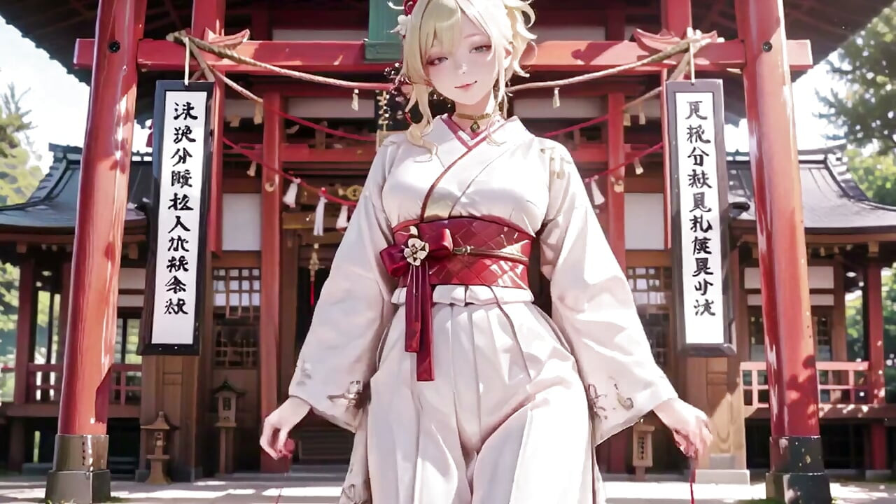 Secretul shrinei fetei blonde kimono! Îngenuncheând sub poarta Torii într-un kimono bej modificat