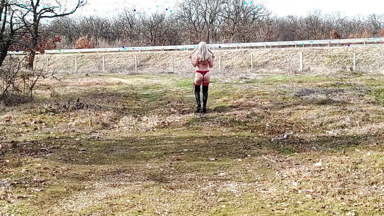 Little Whore Strips off Her Red Bodysuit on the Highway Part 1