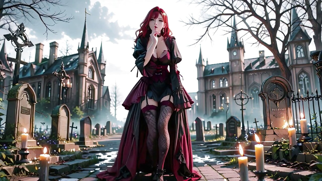 Redhead Gothic Muse: A Forbidden Encounter in the Dark Cemetery.