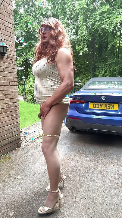 Sexy kellycd2022 in gold backless dress and seamless pantyhose and heels