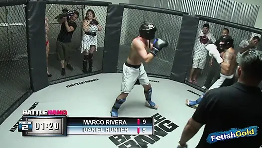 Muscular guy looses fight and have sex with chubby brunette as punishment