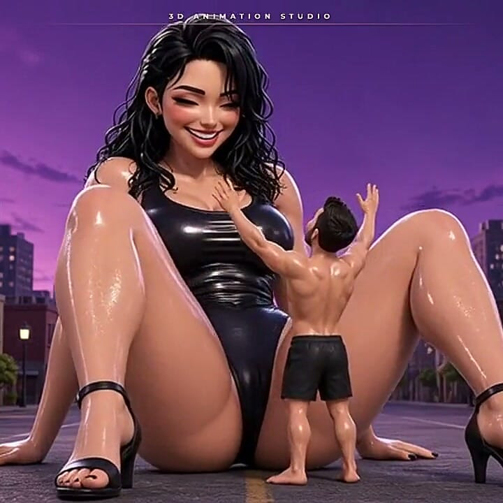 하이힐을 신은 거인들이 작은 남자 위에 타워를 튼다 - 거대한 발바닥이 너 위에 내려온다