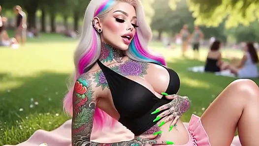 Tattooed Big Boobs Babe Masturbates in Public Park and Squirts