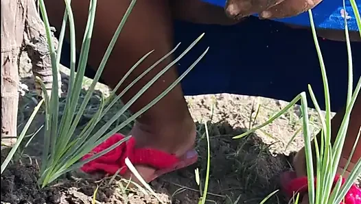 Hot stepmom went to the garden in a dress without panties and neighbor filmed