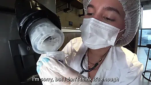 LATINA NURSE milks my CUM sample with Machine and his deepthroat
