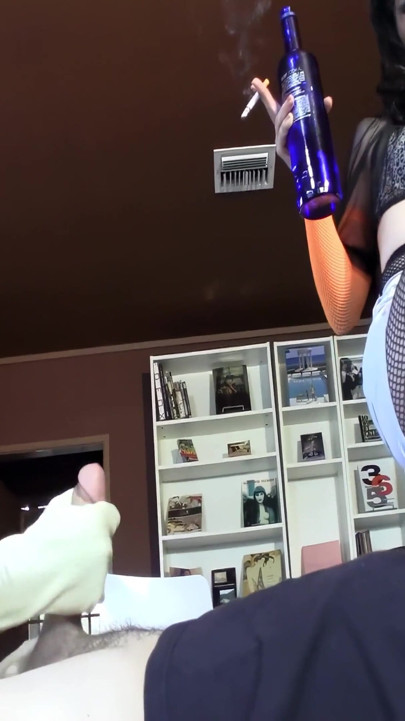 Smoking Brunettes Fist and Foot Dominate Leaking Cock