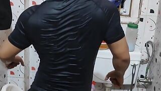 Twerk & jerk in shorts wet in bathroom asian guy booty ass shake masturbate in shorts.