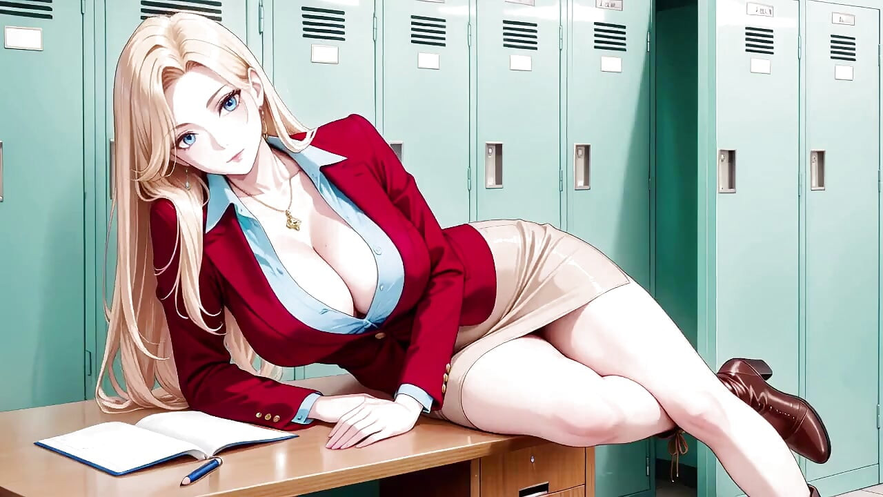 Red Suit Blonde; From Supermarket Stroll to Lazy Orgasm, She Even Puts Her Legs up on the Desk?