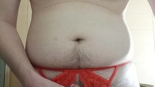 Masturbating in red crotchless panties