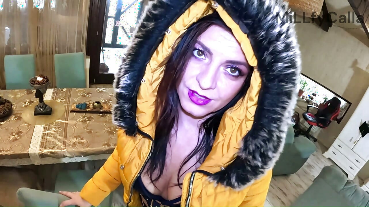 Glossy Downjacket Fetish Try-On. Fur Hoods, Deepthroat, Masturbation and Cum Finish
