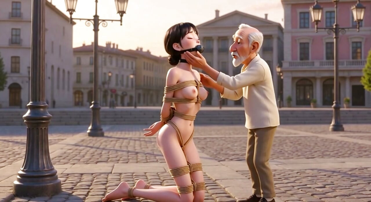 Public Rope Bondage - Old Man Caressing Desperate & Wet Woman